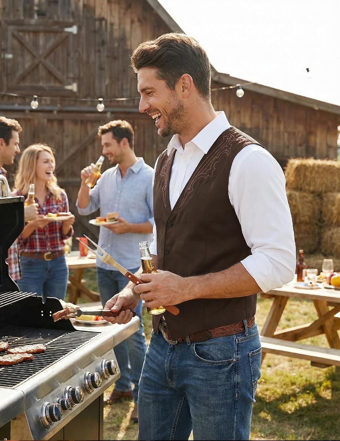 image:imageCOOFANDY Mens Western Vest Suede Cowboy Vest Casual Slim Fit WaistcoatCoffee With Pattern