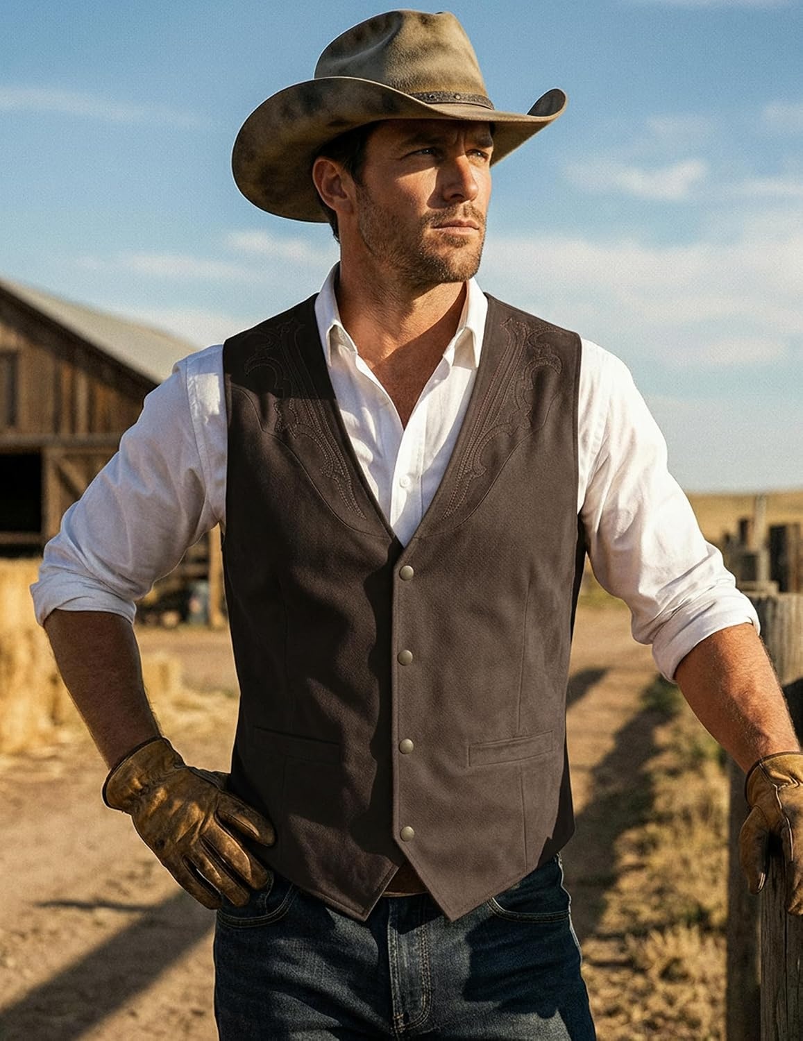 image:imageCOOFANDY Mens Western Vest Suede Cowboy Vest Casual Slim Fit WaistcoatCoffee With Pattern
