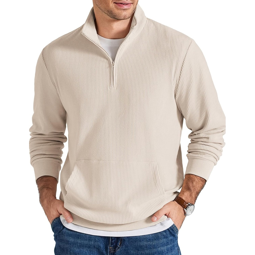 image:imageCOOFANDY Men Corduroy Sweatshirt Quarter Zip Pullover Mock Neck Long SleeveBeige