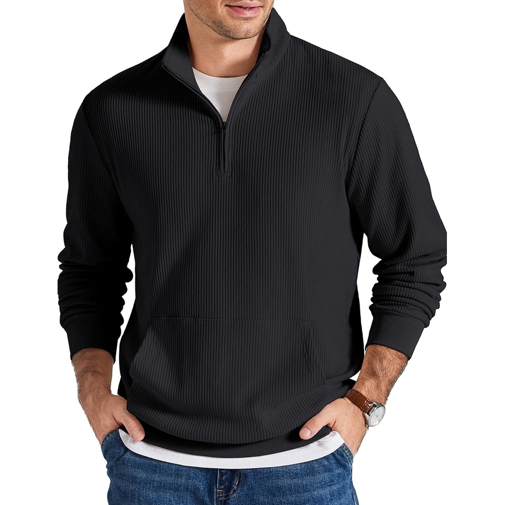 image:imageCOOFANDY Men Corduroy Sweatshirt Quarter Zip Pullover Mock Neck Long SleeveBlack