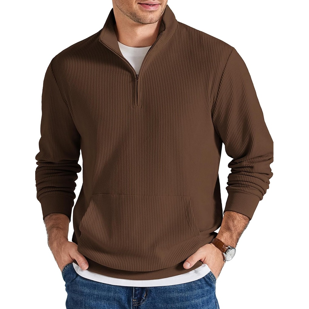 image:imageCOOFANDY Men Corduroy Sweatshirt Quarter Zip Pullover Mock Neck Long SleeveBrown