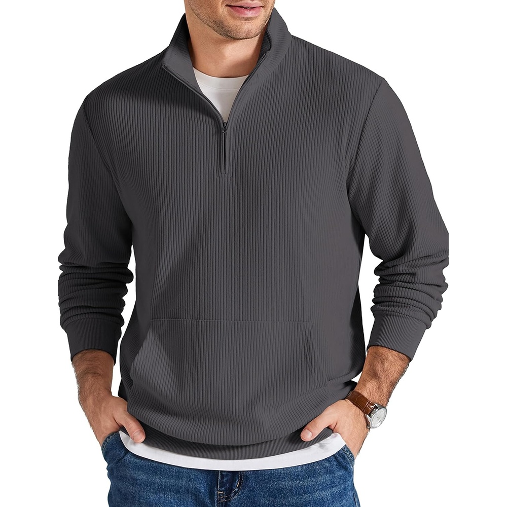 image:imageCOOFANDY Men Corduroy Sweatshirt Quarter Zip Pullover Mock Neck Long SleeveDark Grey