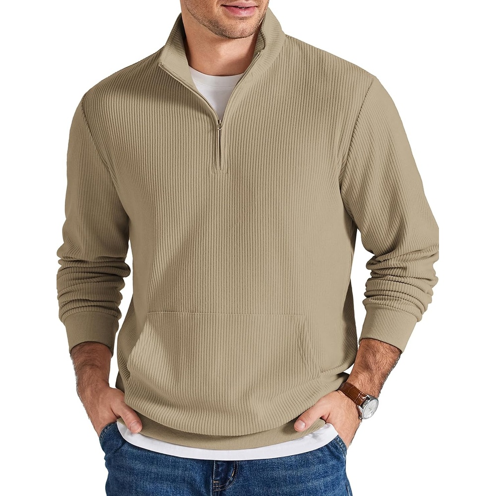 image:imageCOOFANDY Men Corduroy Sweatshirt Quarter Zip Pullover Mock Neck Long SleeveKhaki