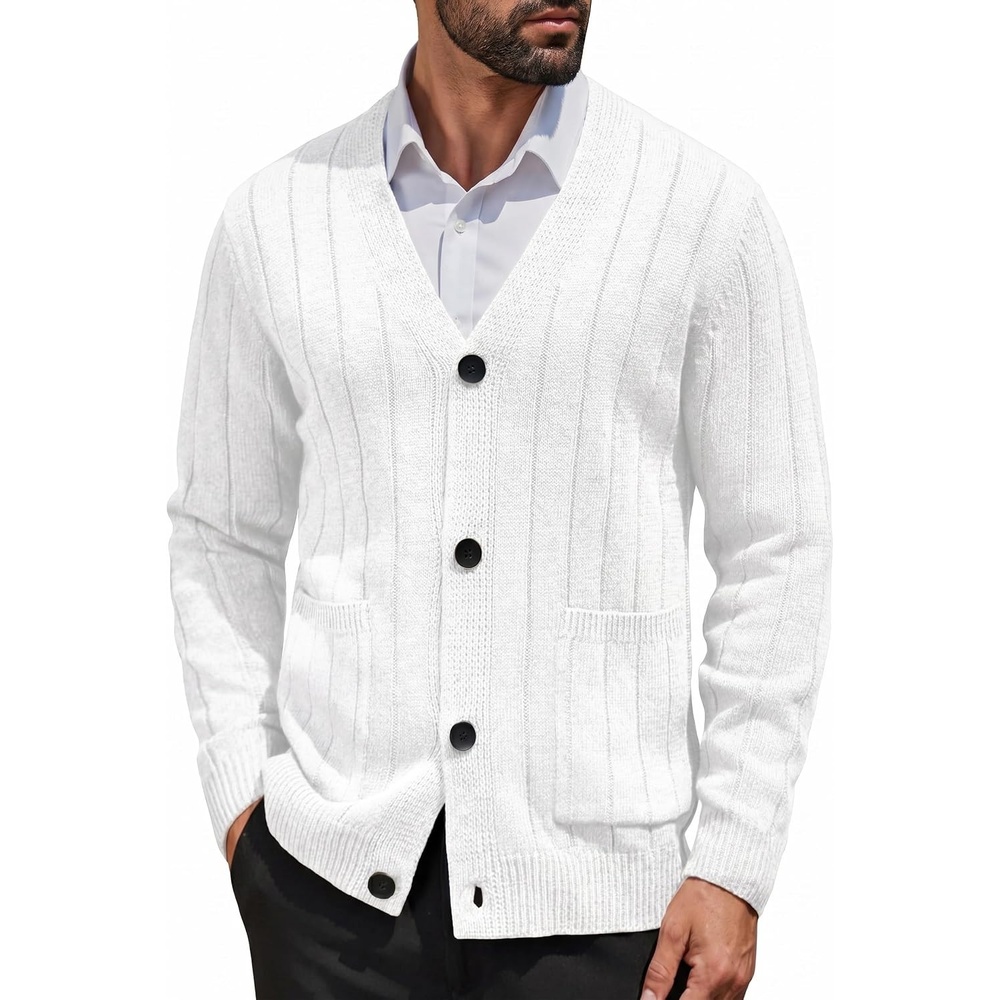 image:imageCOOFANDY Mens Cardigan Sweater Cable Knit V Neck Button up Sweaters Ribbed Cardigan Sweater with PocketsWhite