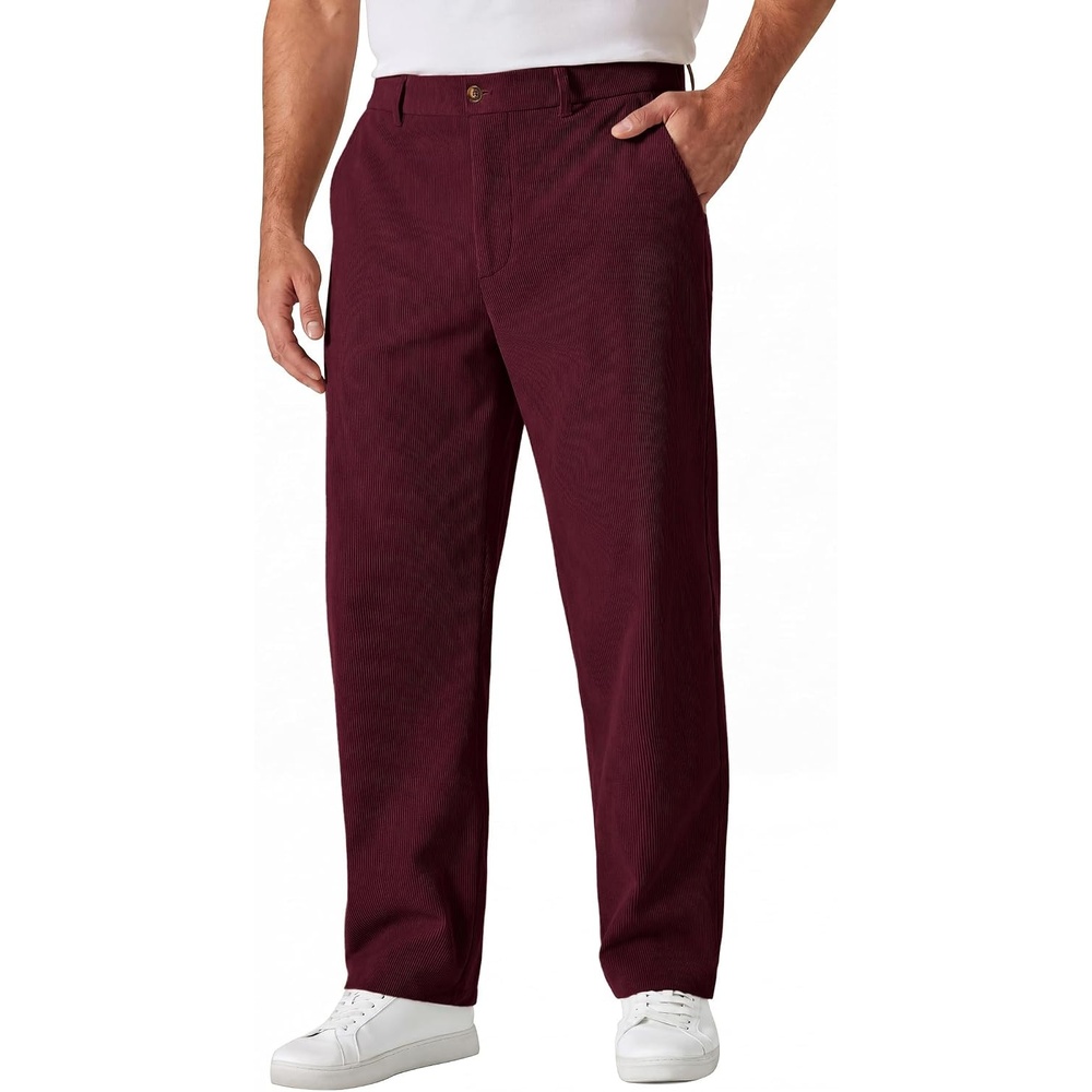 image:imageCOOFANDY Mens Corduroy Pant Straight Fit Flat Front Casual Dress SlacksMaroon