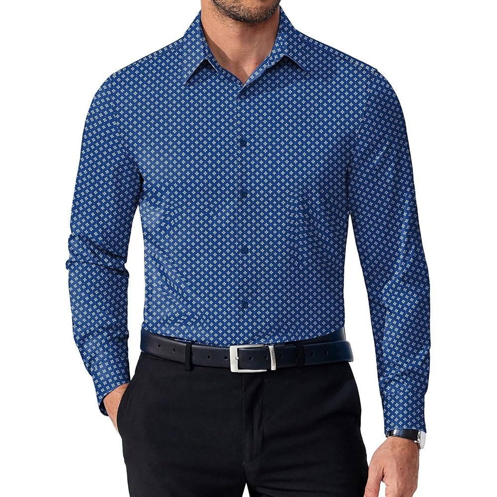 image:imageCOOFANDY Mens Dress Shirts Long Sleeve Button Down Shirts Regular Fit Business Casual ShirtsBlue White Geometric Floral