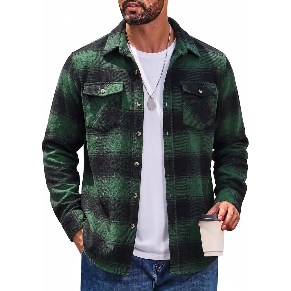 image:imageCOOFANDY Mens Flannel Shirt Jacket Long Sleeve Plaid Shacket with PocketsDark Green