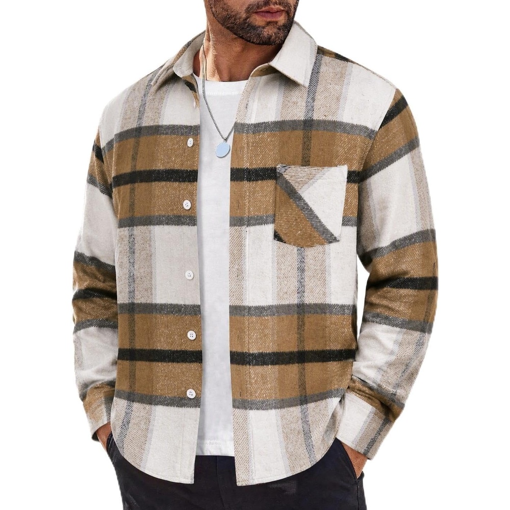 image:imageCOOFANDY Mens Flannel Shirts Long Sleeve Lightweight Plaid Shirt Casual Button Down Shirts JacketKhaki Plaid