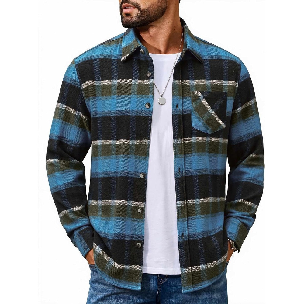 image:imageCOOFANDY Mens Flannel Shirts Long Sleeve Plaid Button Down Shirt JacketsOlive Blue Plaid