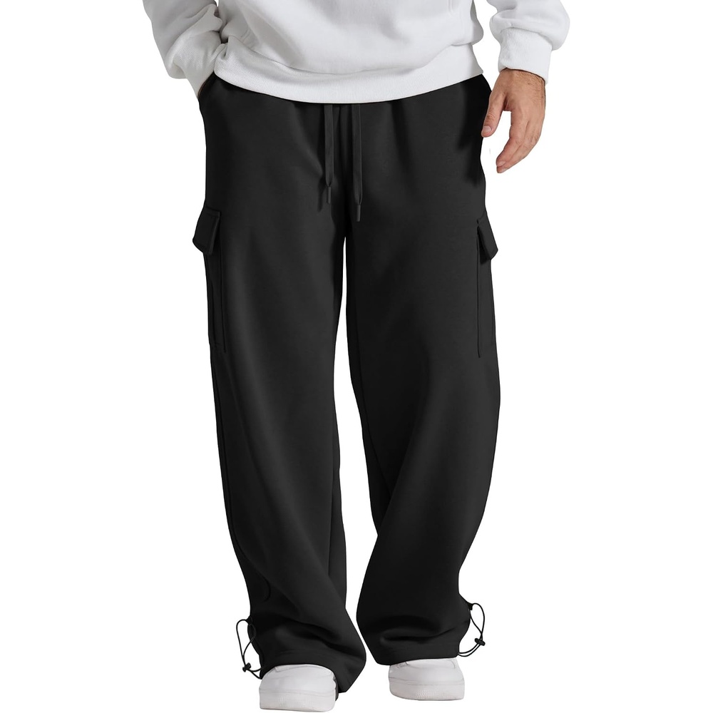 image:imageCOOFANDY Mens Fleece Cargo Sweatpants Baggy Wide Leg Joggers with PocketsBlack