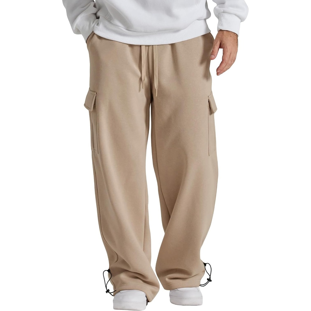 image:imageCOOFANDY Mens Fleece Cargo Sweatpants Baggy Wide Leg Joggers with PocketsKhaki