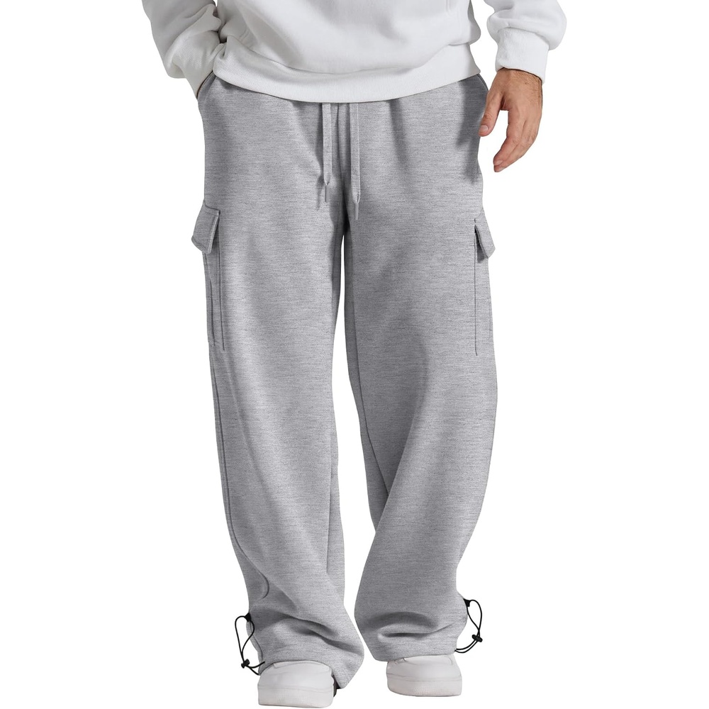 image:imageCOOFANDY Mens Fleece Cargo Sweatpants Baggy Wide Leg Joggers with PocketsLight Grey