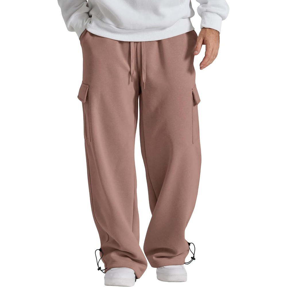 image:imageCOOFANDY Mens Fleece Cargo Sweatpants Baggy Wide Leg Joggers with PocketsLight Smoky Brown
