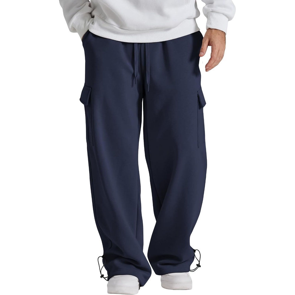 image:imageCOOFANDY Mens Fleece Cargo Sweatpants Baggy Wide Leg Joggers with PocketsNavy Blue