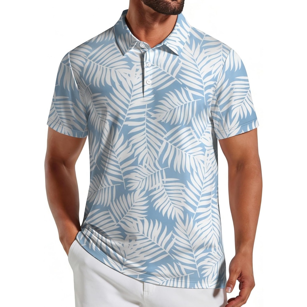 image:imageCOOFANDY Mens Golf Polo Shirts Short Sleeve Quick Dry Casual Collared ShirtBlue White Leaf