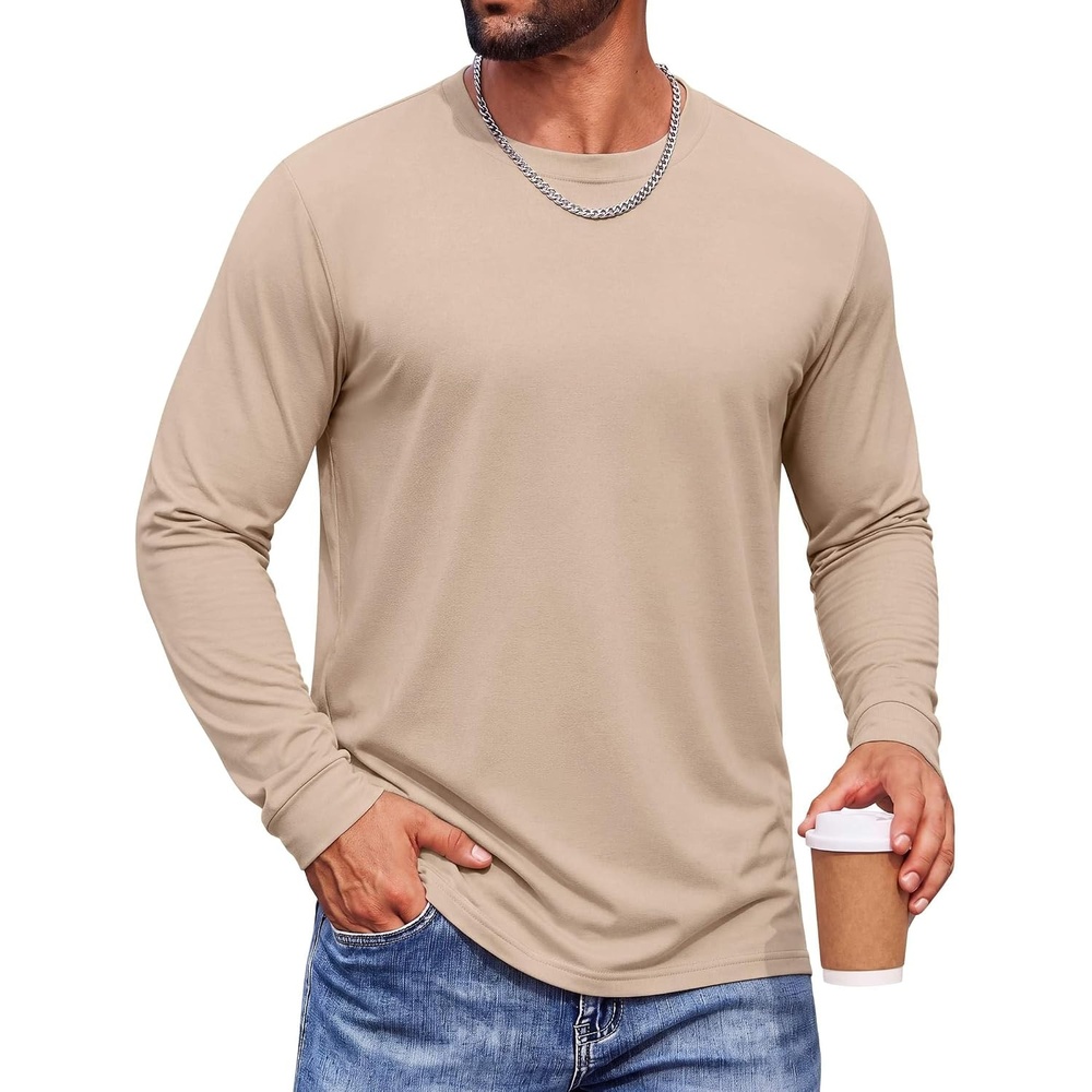 image:imageCOOFANDY Mens Long Sleeve TShirts Crew Neck RegularFit Tee Shirts Casual Basic TshirtsLight Apricot