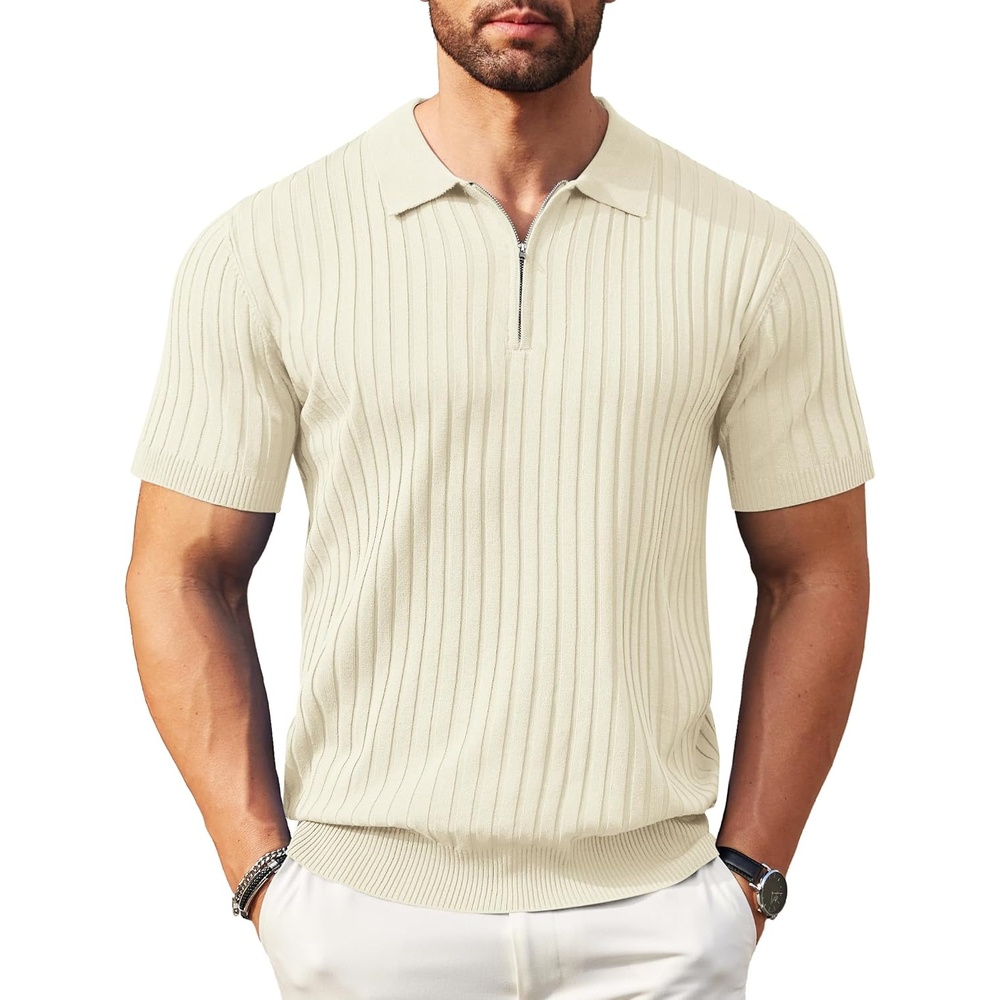 image:imageCOOFANDY Mens Quarter Zip Polo Shirt Short Sleeve Ribbed Knit Golf TeeBeige