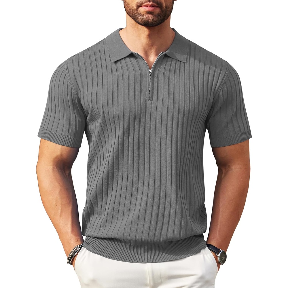 image:imageCOOFANDY Mens Quarter Zip Polo Shirt Short Sleeve Ribbed Knit Golf TeeGrey