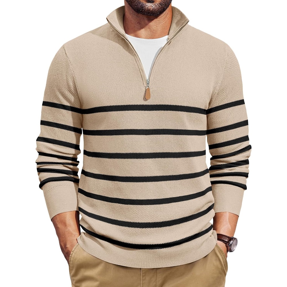 image:imageCOOFANDY Mens Quarter Zip Pullover Dress Regular Fit Mock Neck SweaterApricot Black Stripe