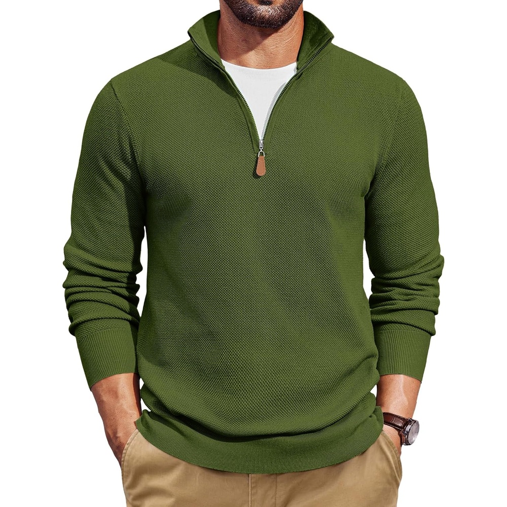 image:imageCOOFANDY Mens Quarter Zip Pullover Dress Regular Fit Mock Neck SweaterArmy Green