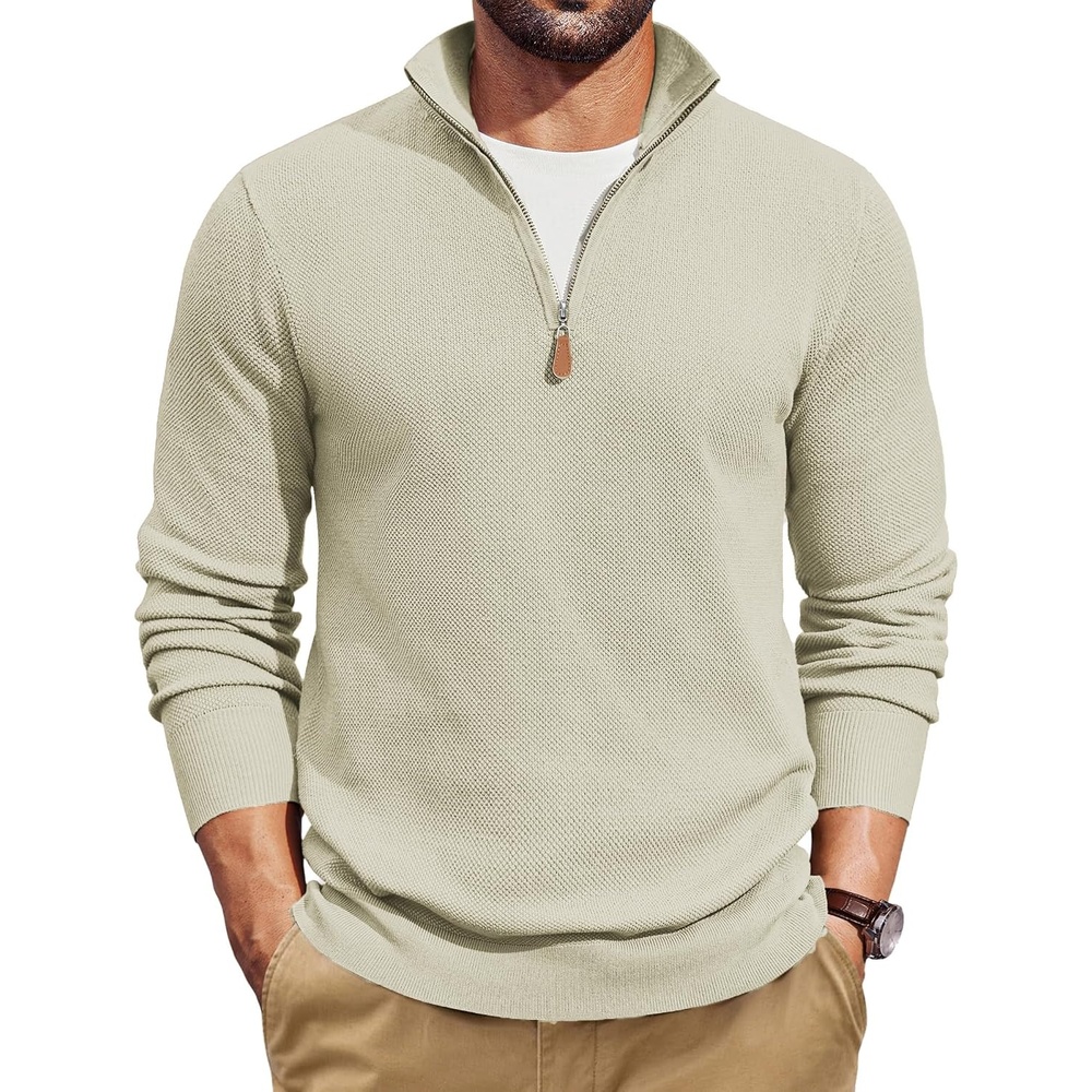 image:imageCOOFANDY Mens Quarter Zip Pullover Dress Regular Fit Mock Neck SweaterBeige