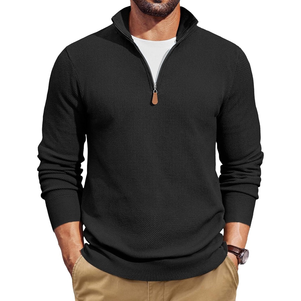 image:imageCOOFANDY Mens Quarter Zip Pullover Dress Regular Fit Mock Neck SweaterBlack