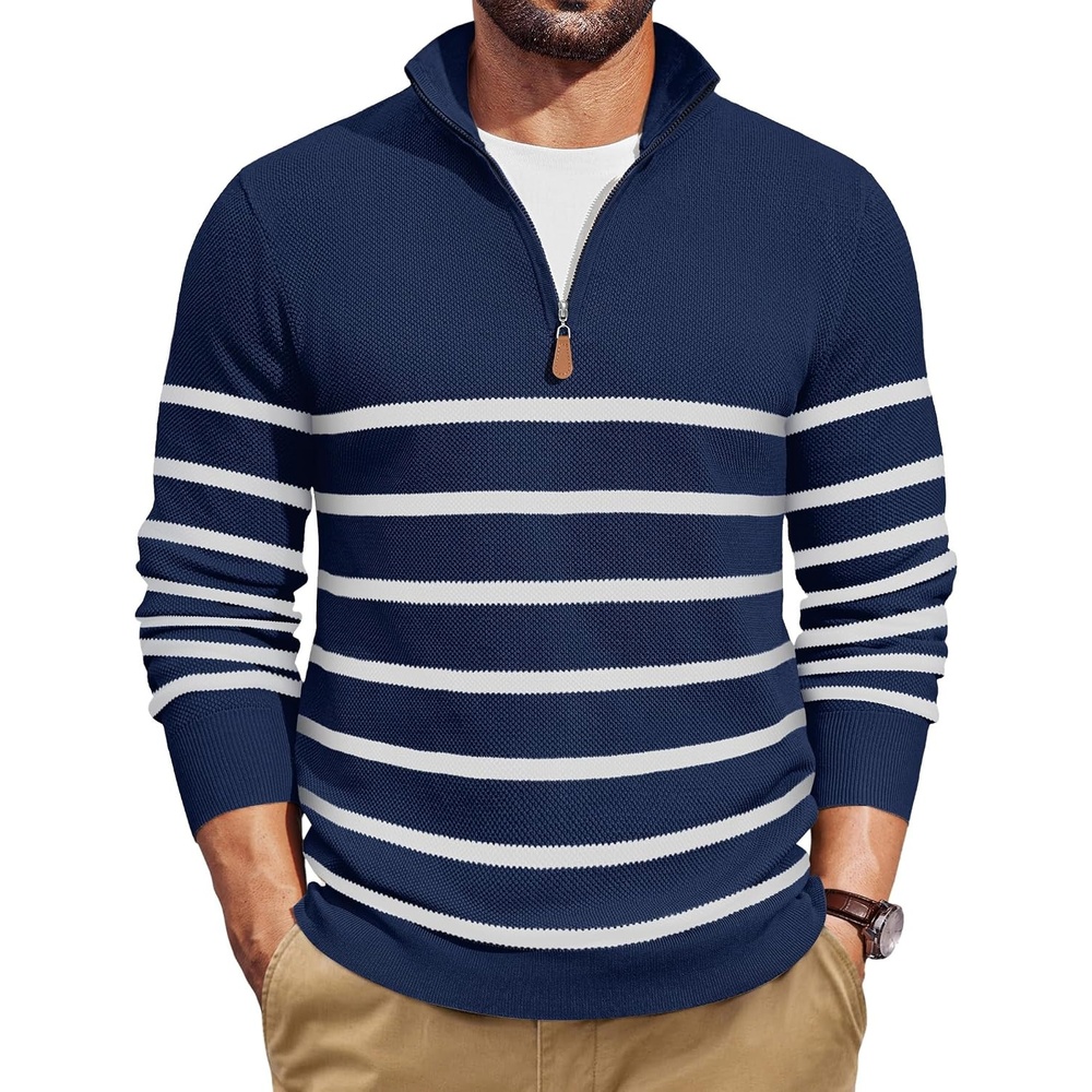 image:imageCOOFANDY Mens Quarter Zip Pullover Dress Regular Fit Mock Neck SweaterBlue White Stripe