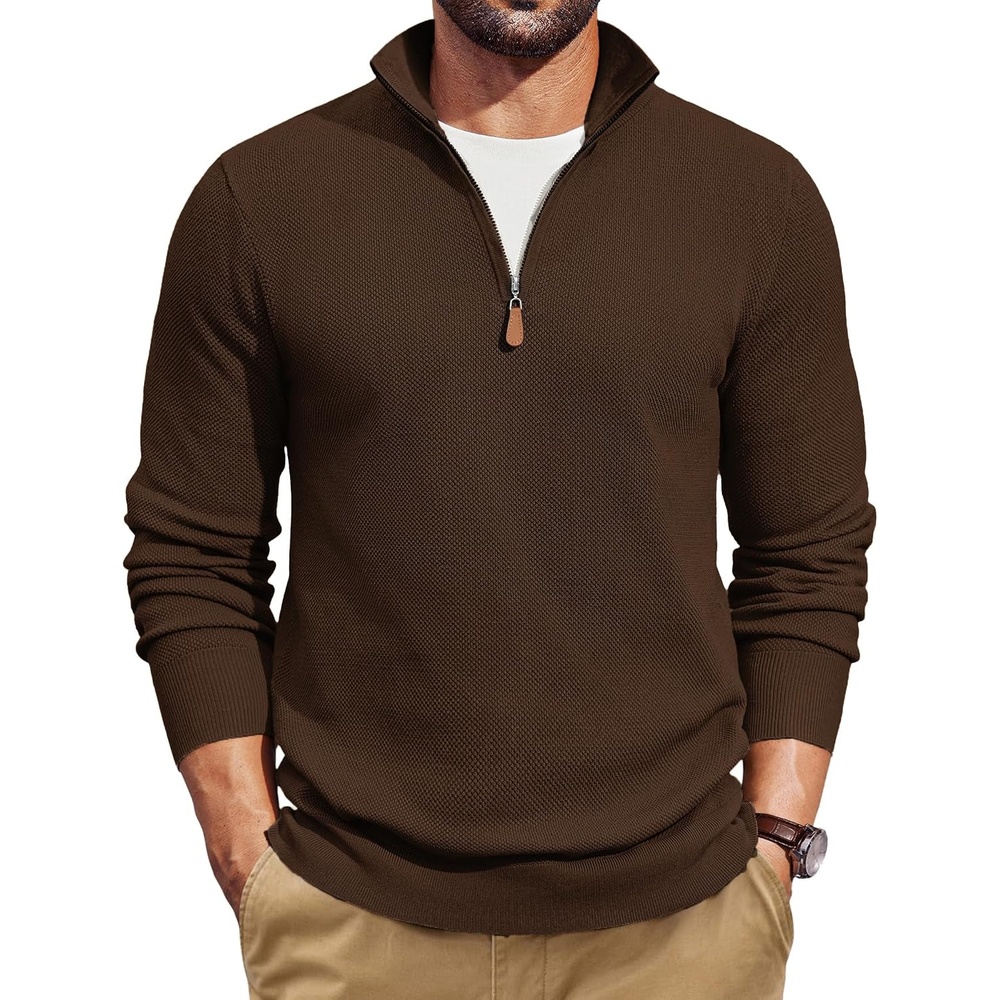 image:imageCOOFANDY Mens Quarter Zip Pullover Dress Regular Fit Mock Neck SweaterBrown