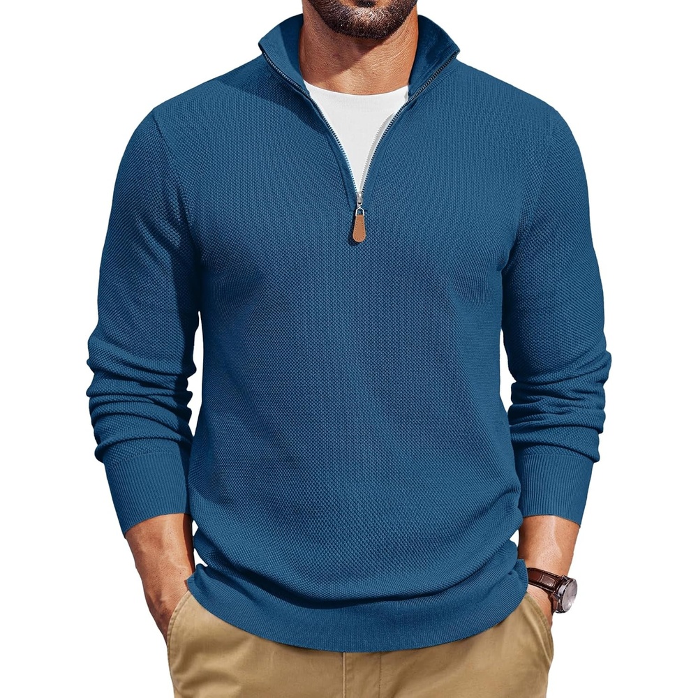 image:imageCOOFANDY Mens Quarter Zip Pullover Dress Regular Fit Mock Neck SweaterDark Blue