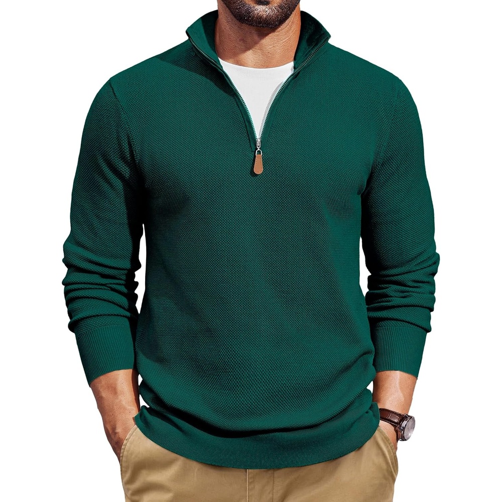 image:imageCOOFANDY Mens Quarter Zip Pullover Dress Regular Fit Mock Neck SweaterDark Green