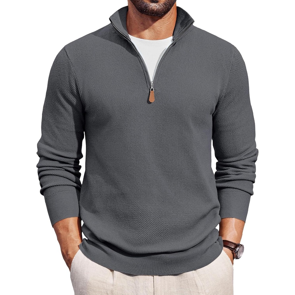 image:imageCOOFANDY Mens Quarter Zip Pullover Dress Regular Fit Mock Neck SweaterDark Grey