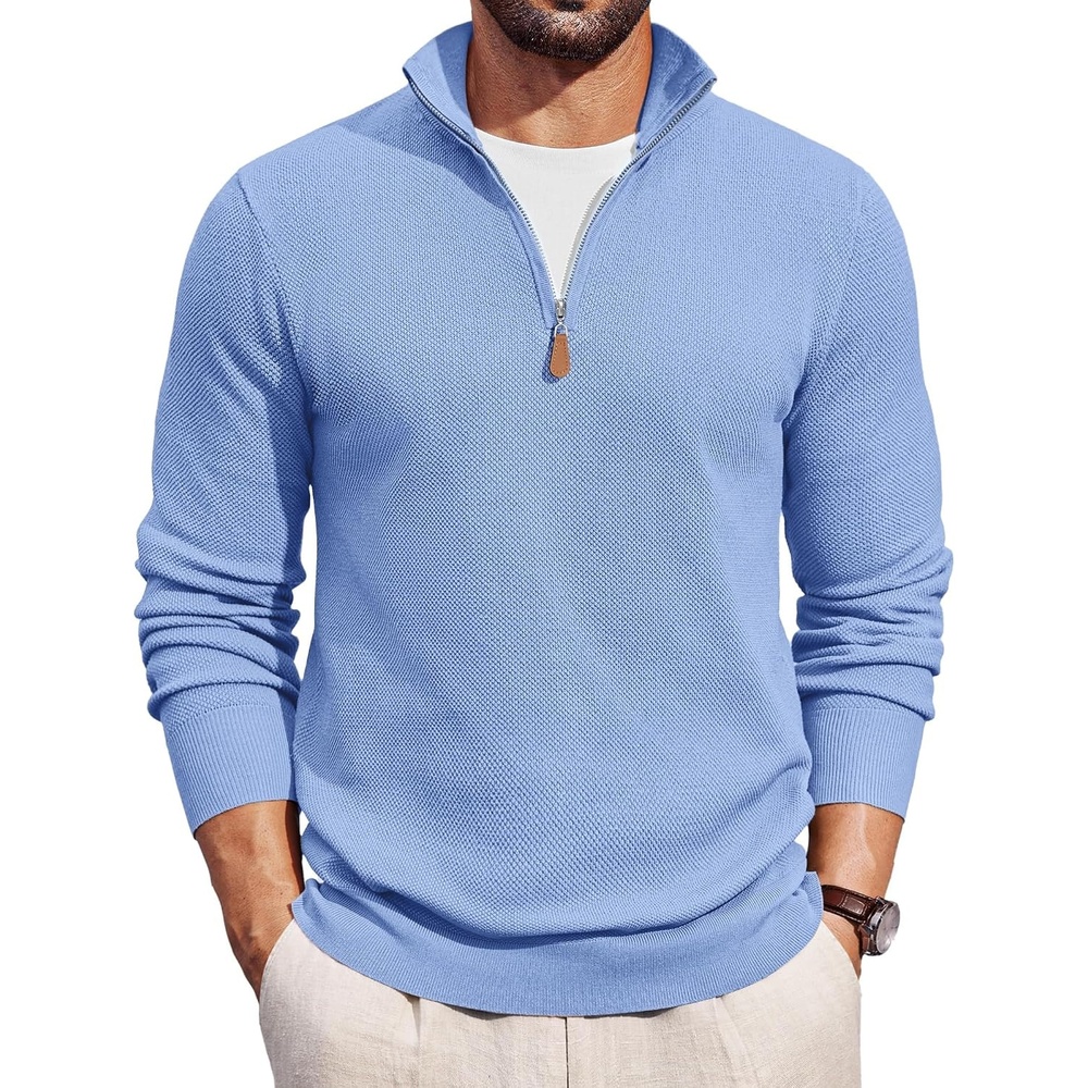 image:imageCOOFANDY Mens Quarter Zip Pullover Dress Regular Fit Mock Neck SweaterLight Blue