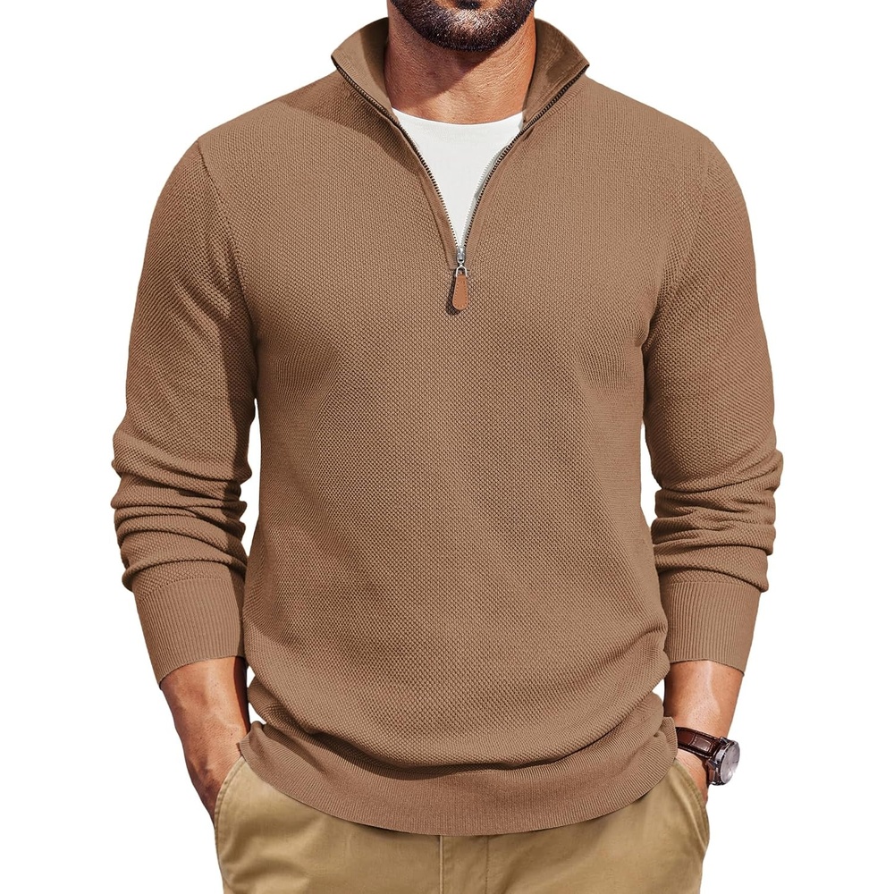 image:imageCOOFANDY Mens Quarter Zip Pullover Dress Regular Fit Mock Neck SweaterLight Brown