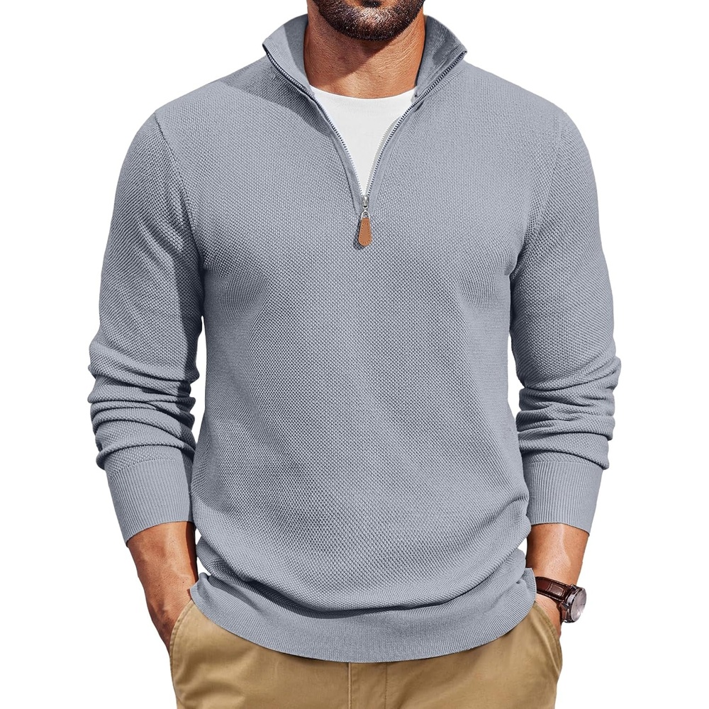 image:imageCOOFANDY Mens Quarter Zip Pullover Dress Regular Fit Mock Neck SweaterLight Grey