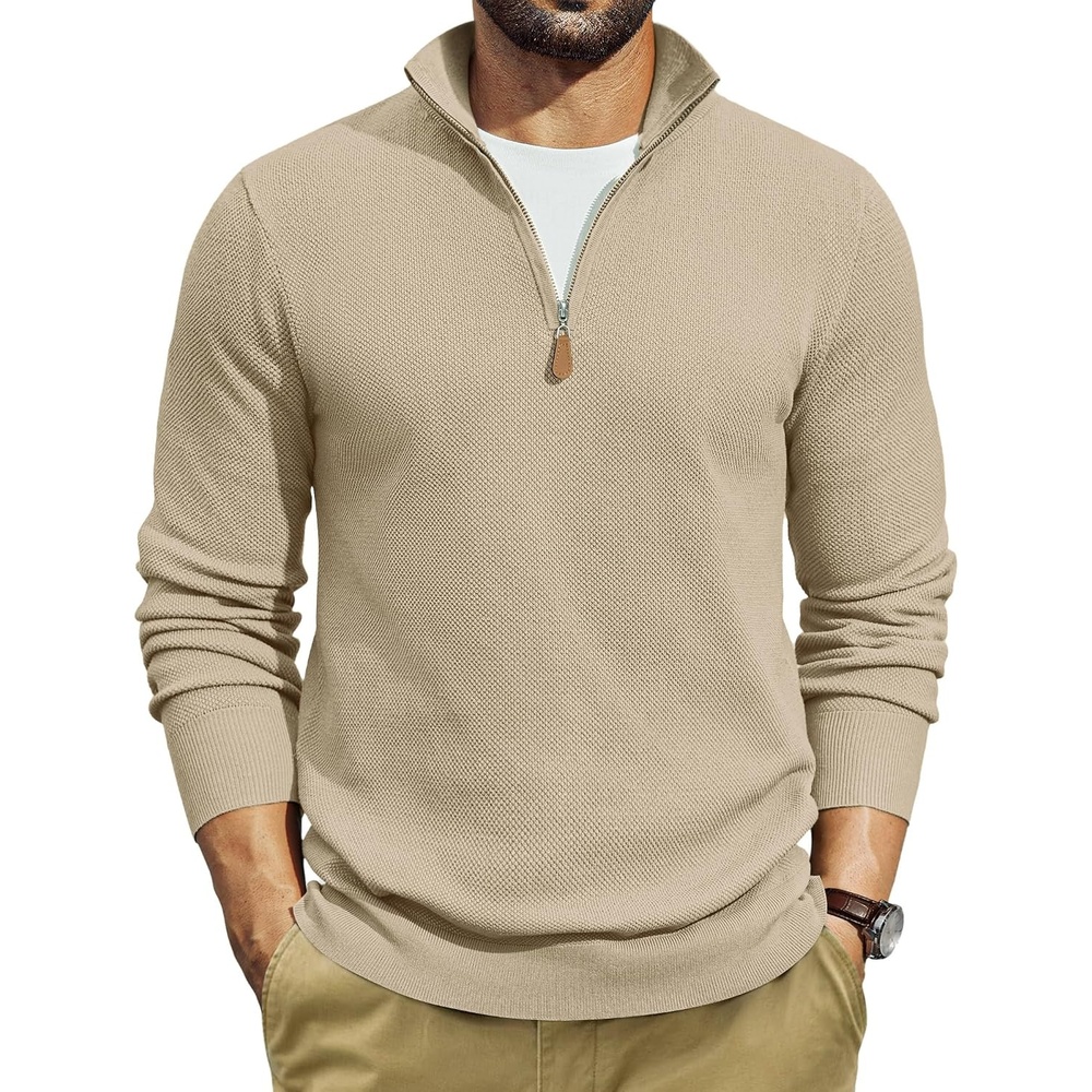 image:imageCOOFANDY Mens Quarter Zip Pullover Dress Regular Fit Mock Neck SweaterLight Khaki