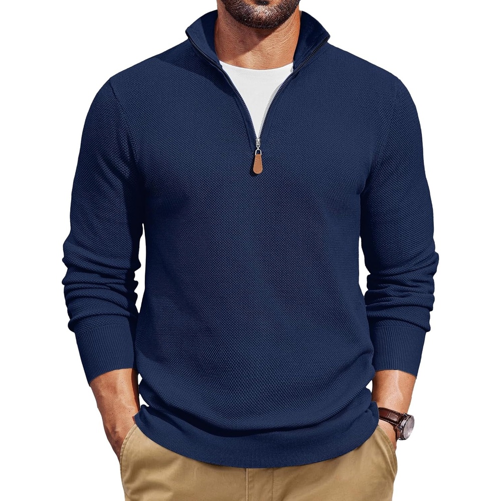 image:imageCOOFANDY Mens Quarter Zip Pullover Dress Regular Fit Mock Neck SweaterNavy Blue