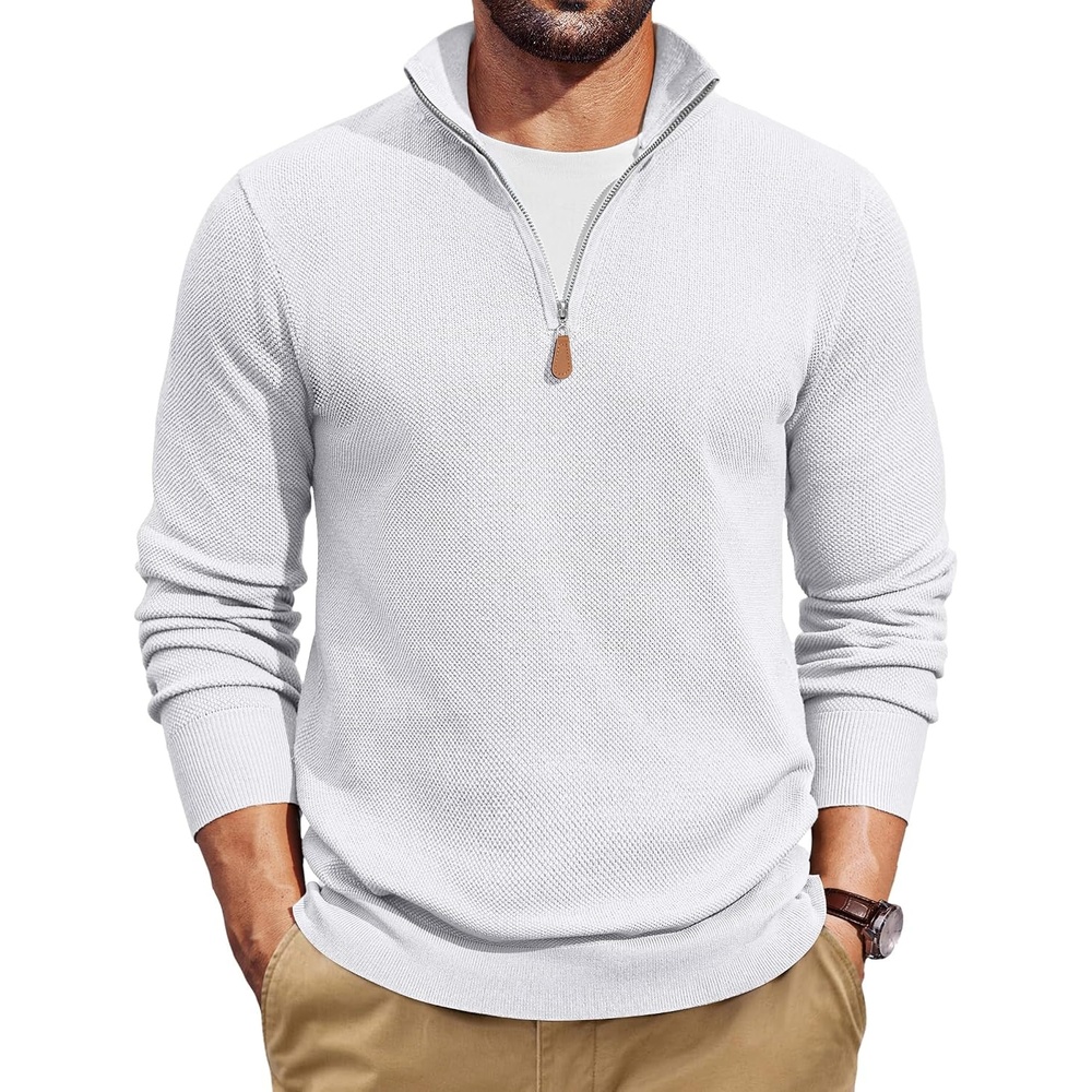 image:imageCOOFANDY Mens Quarter Zip Pullover Dress Regular Fit Mock Neck SweaterWhite