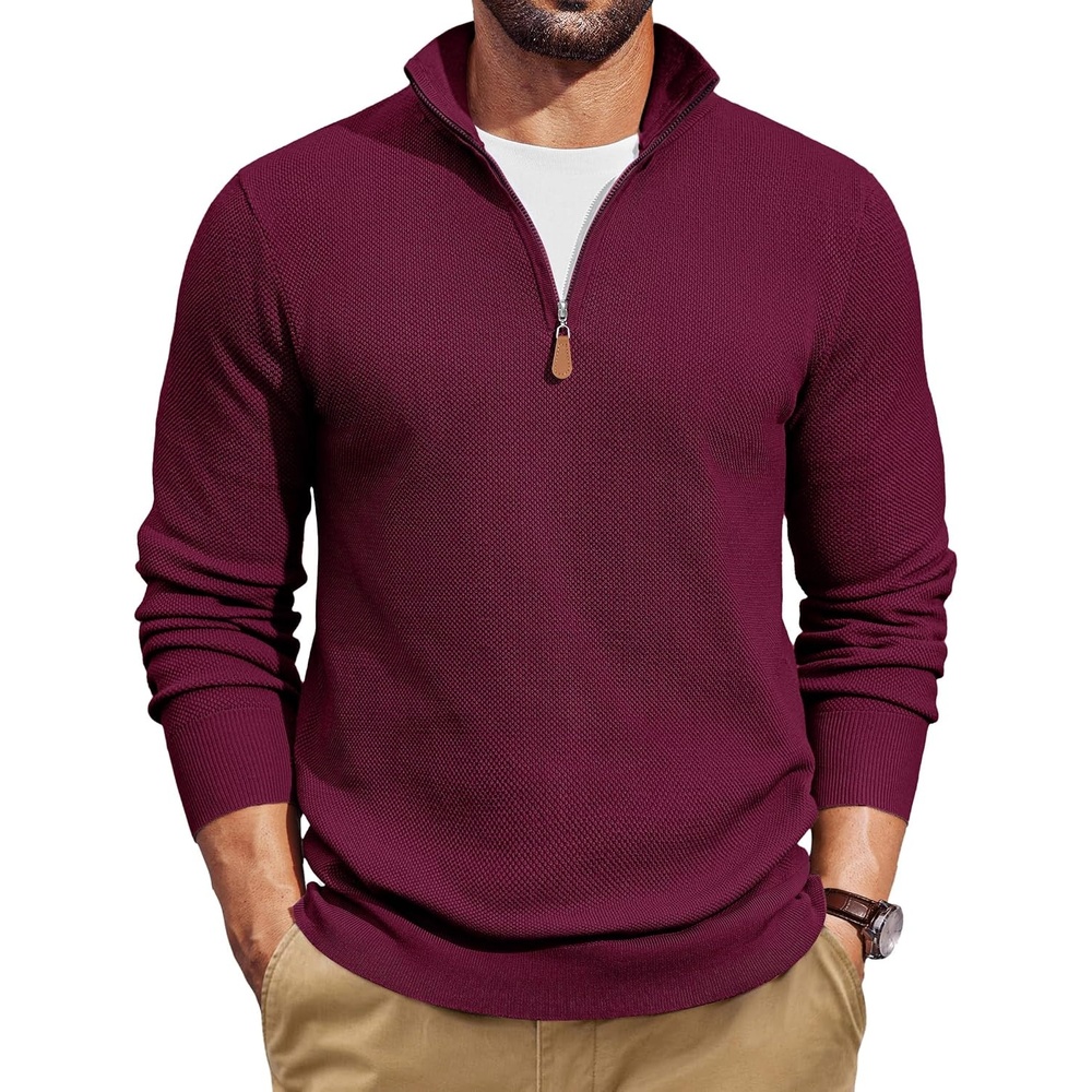 image:imageCOOFANDY Mens Quarter Zip Pullover Dress Regular Fit Mock Neck SweaterWine Red