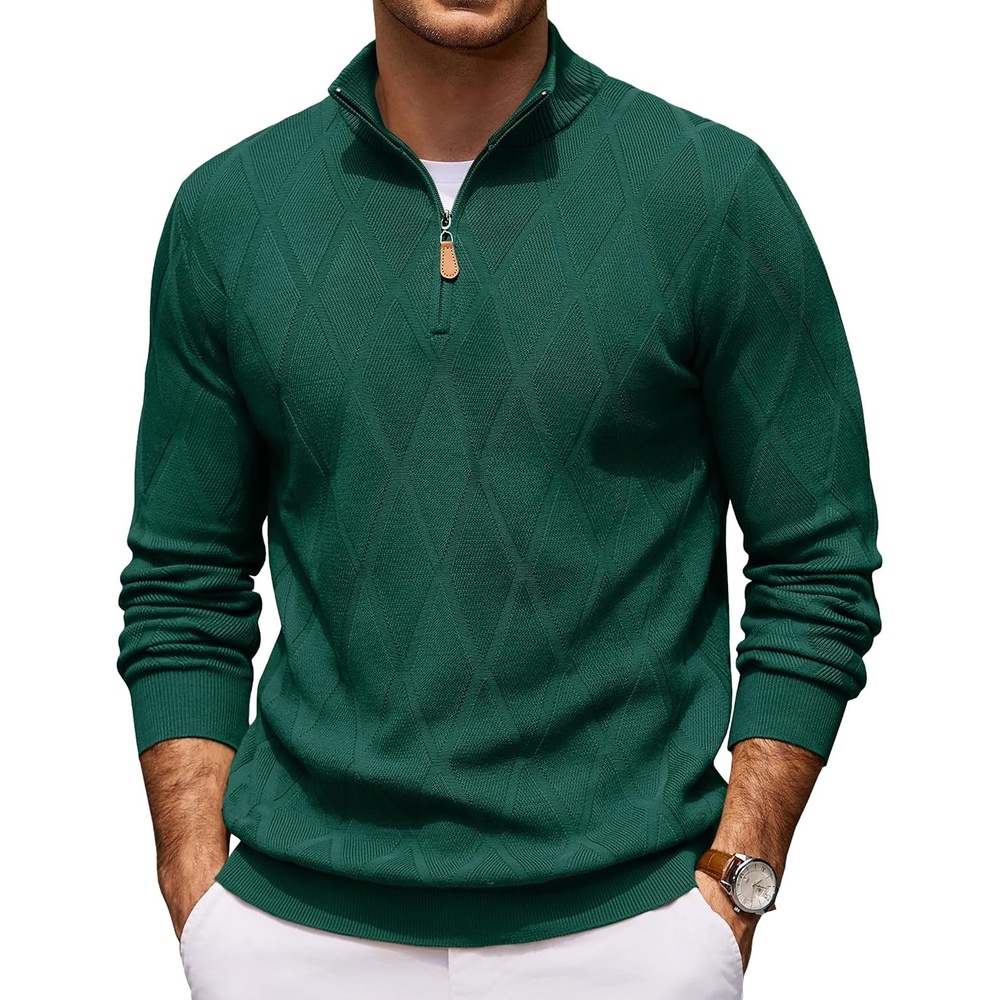 image:imageCOOFANDY Mens Quarter Zip Pullover Sweater Stretch Knit Checked SweaterBright Green