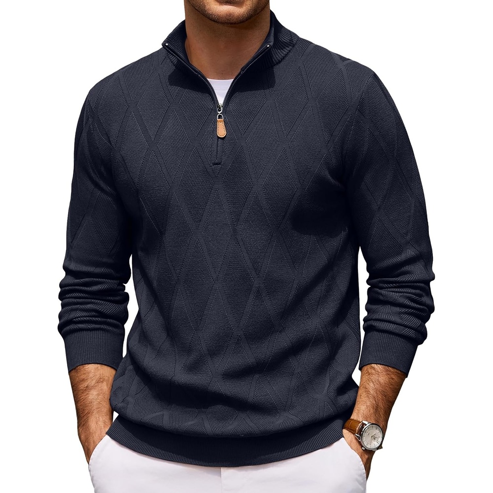 image:imageCOOFANDY Mens Quarter Zip Pullover Sweater Stretch Knit Checked SweaterDark Blue