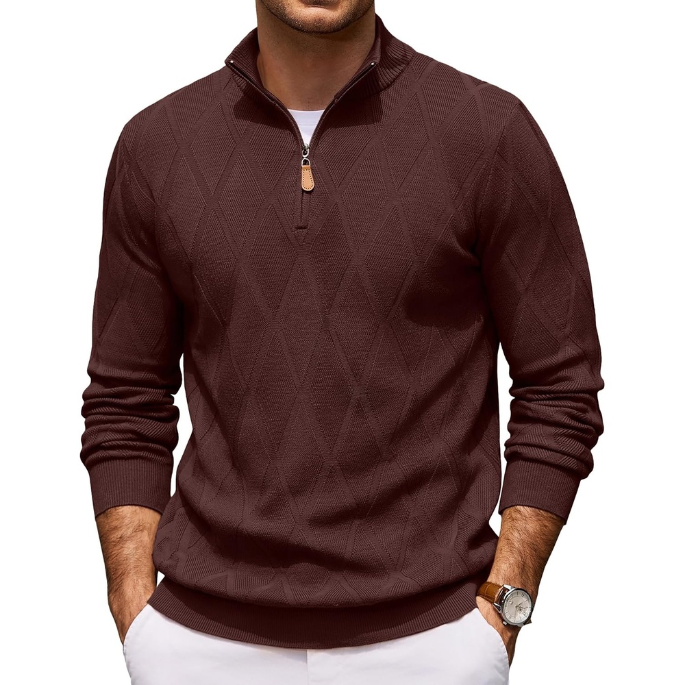 image:imageCOOFANDY Mens Quarter Zip Pullover Sweater Stretch Knit Checked SweaterDark Brown