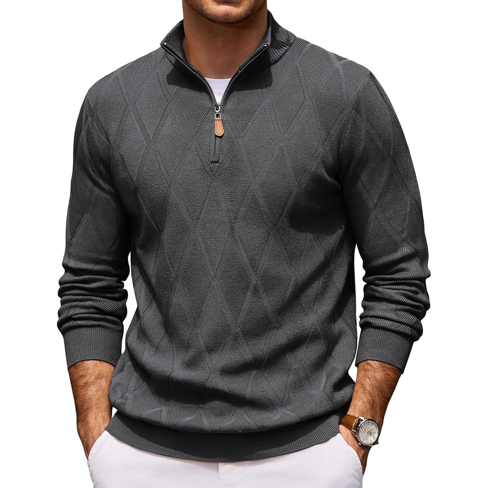 image:imageCOOFANDY Mens Quarter Zip Pullover Sweater Stretch Knit Checked SweaterDark Grey