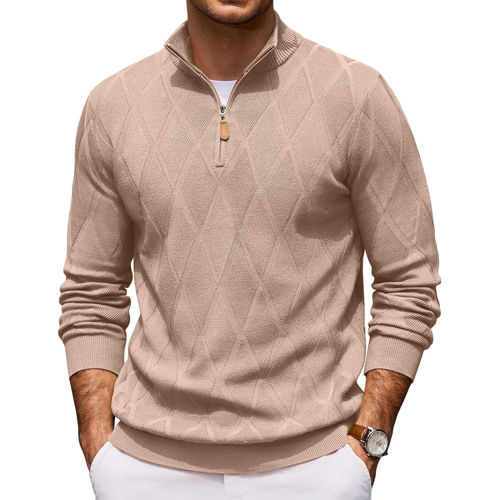image:imageCOOFANDY Mens Quarter Zip Pullover Sweater Stretch Knit Checked SweaterKhaki
