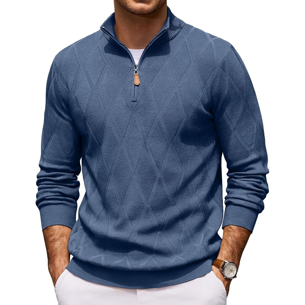 image:imageCOOFANDY Mens Quarter Zip Pullover Sweater Stretch Knit Checked SweaterRegal Blue