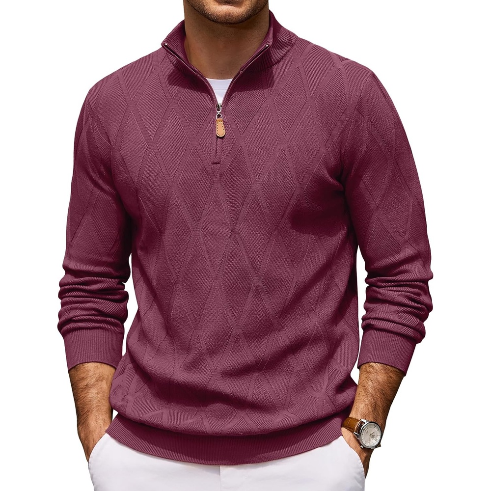 image:imageCOOFANDY Mens Quarter Zip Pullover Sweater Stretch Knit Checked SweaterWine Red