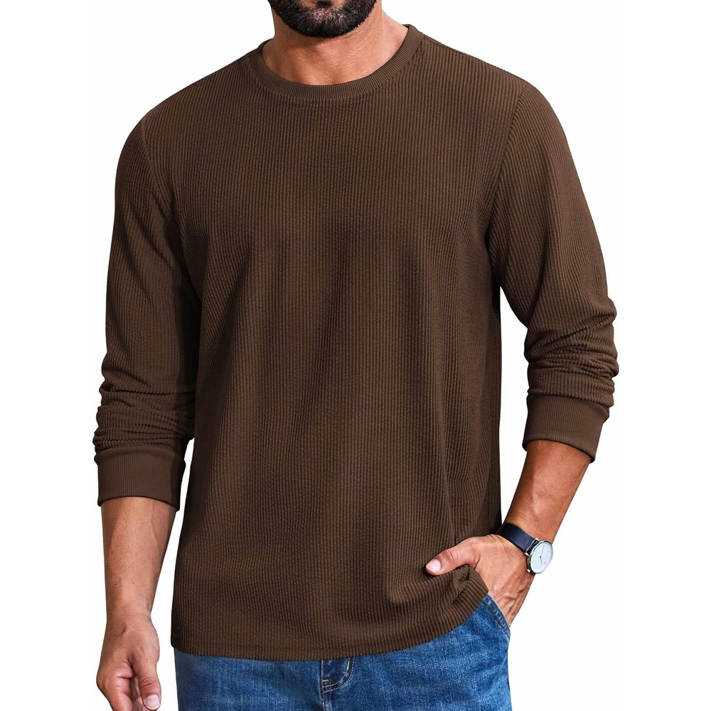 image:imageCOOFANDY Mens Ribbed Long Sleeve Shirt Crew Neck Casual Basic TShirtBrown