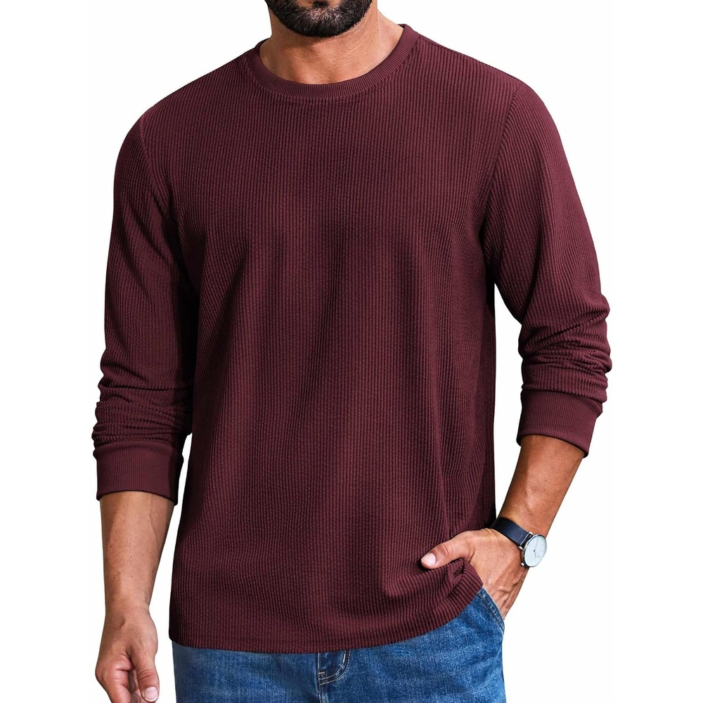 image:imageCOOFANDY Mens Ribbed Long Sleeve Shirt Crew Neck Casual Basic TShirtDark Red