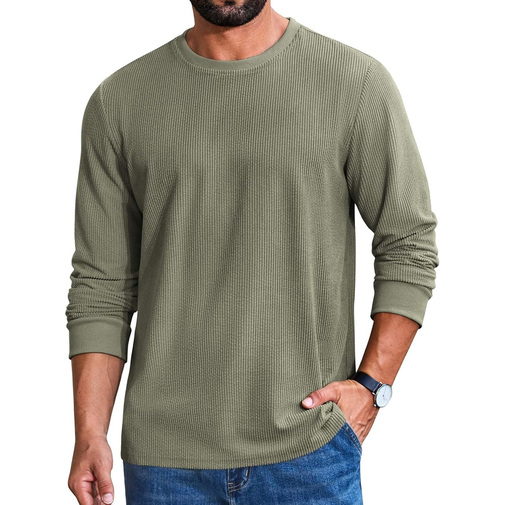 image:imageCOOFANDY Mens Ribbed Long Sleeve Shirt Crew Neck Casual Basic TShirtOlive Green