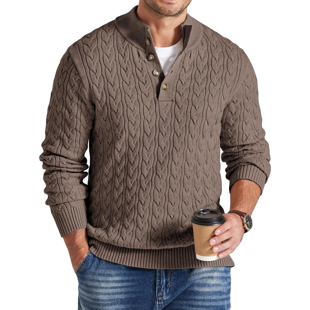 image:imageCOOFANDY Mens Sweater Cable Knit V Neck Quarter Button Henley Long SleeveAsh Brown