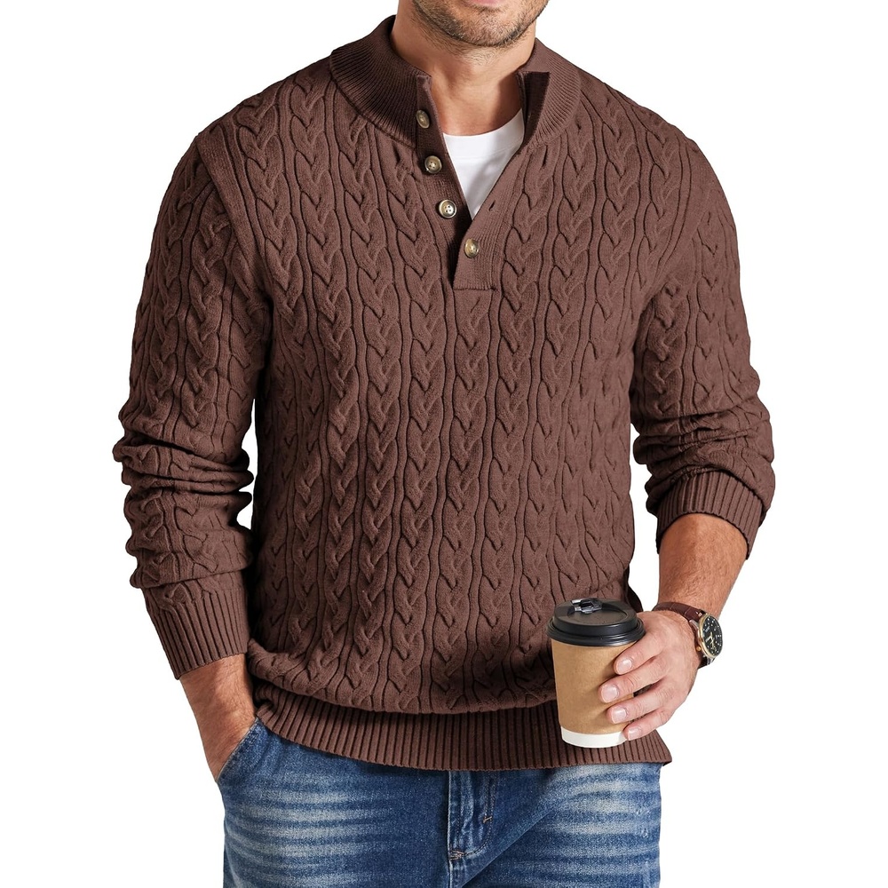 image:imageCOOFANDY Mens Sweater Cable Knit V Neck Quarter Button Henley Long SleeveCaramel